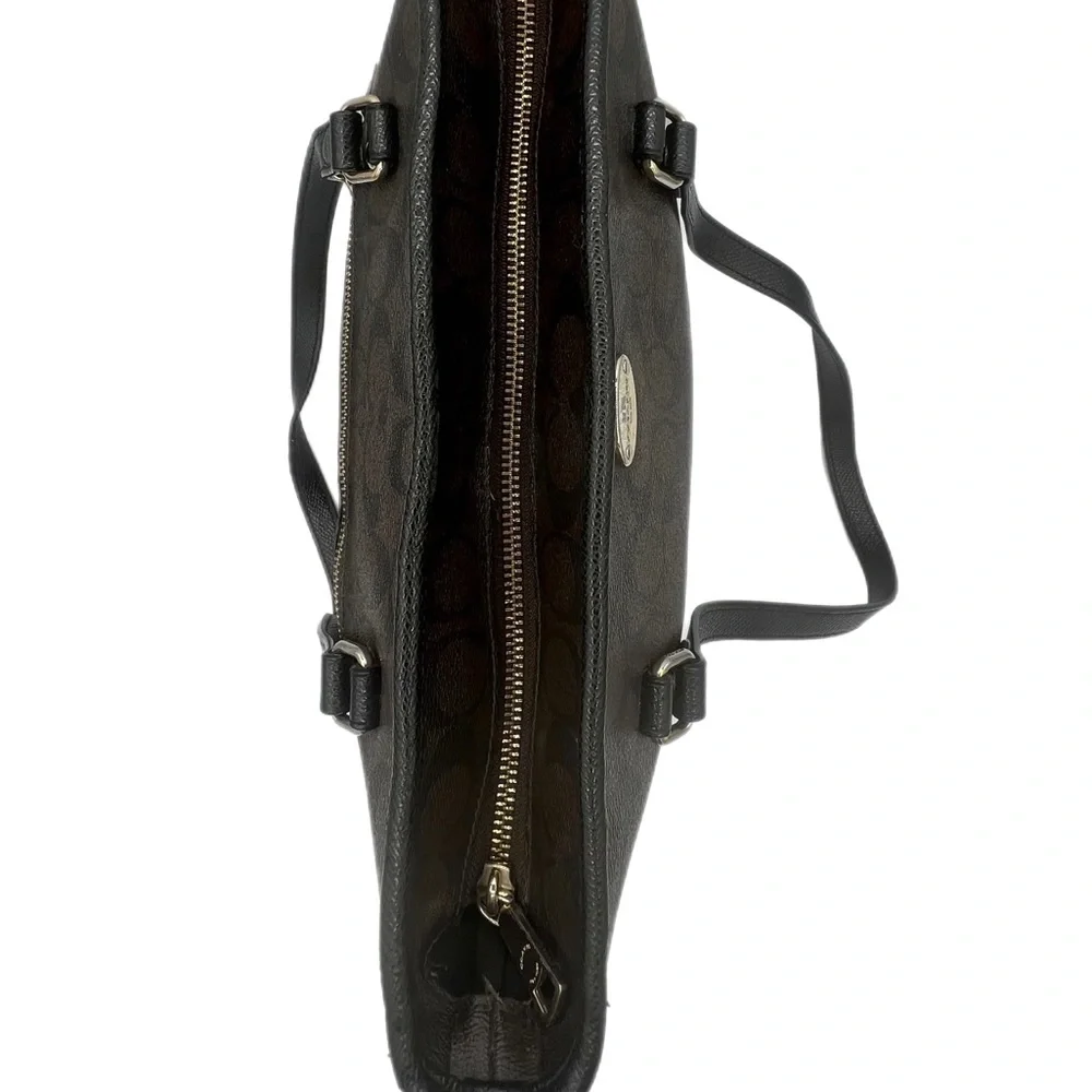 Coach Signature brown black Monogram Tote handbag shoulder bag Zip Top - Picture 5 of 7